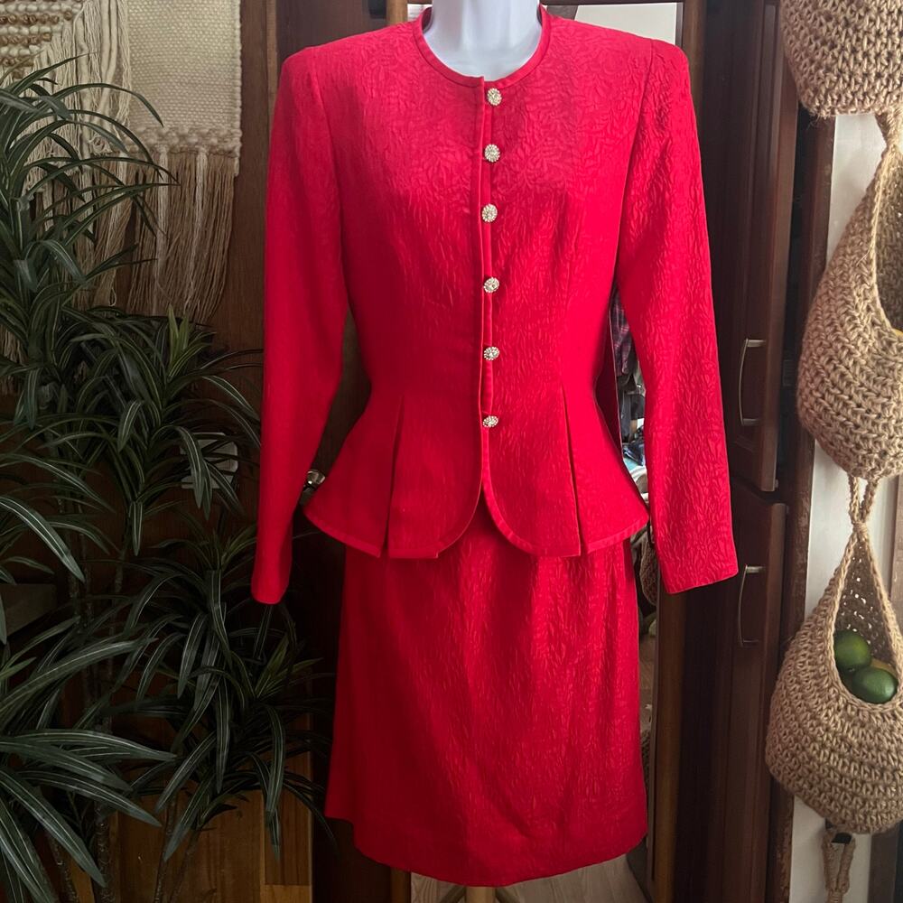 Vintage 80s Richard Warren Red Silk Skirt Suit Set 4 Jacquard Rhinestone Power